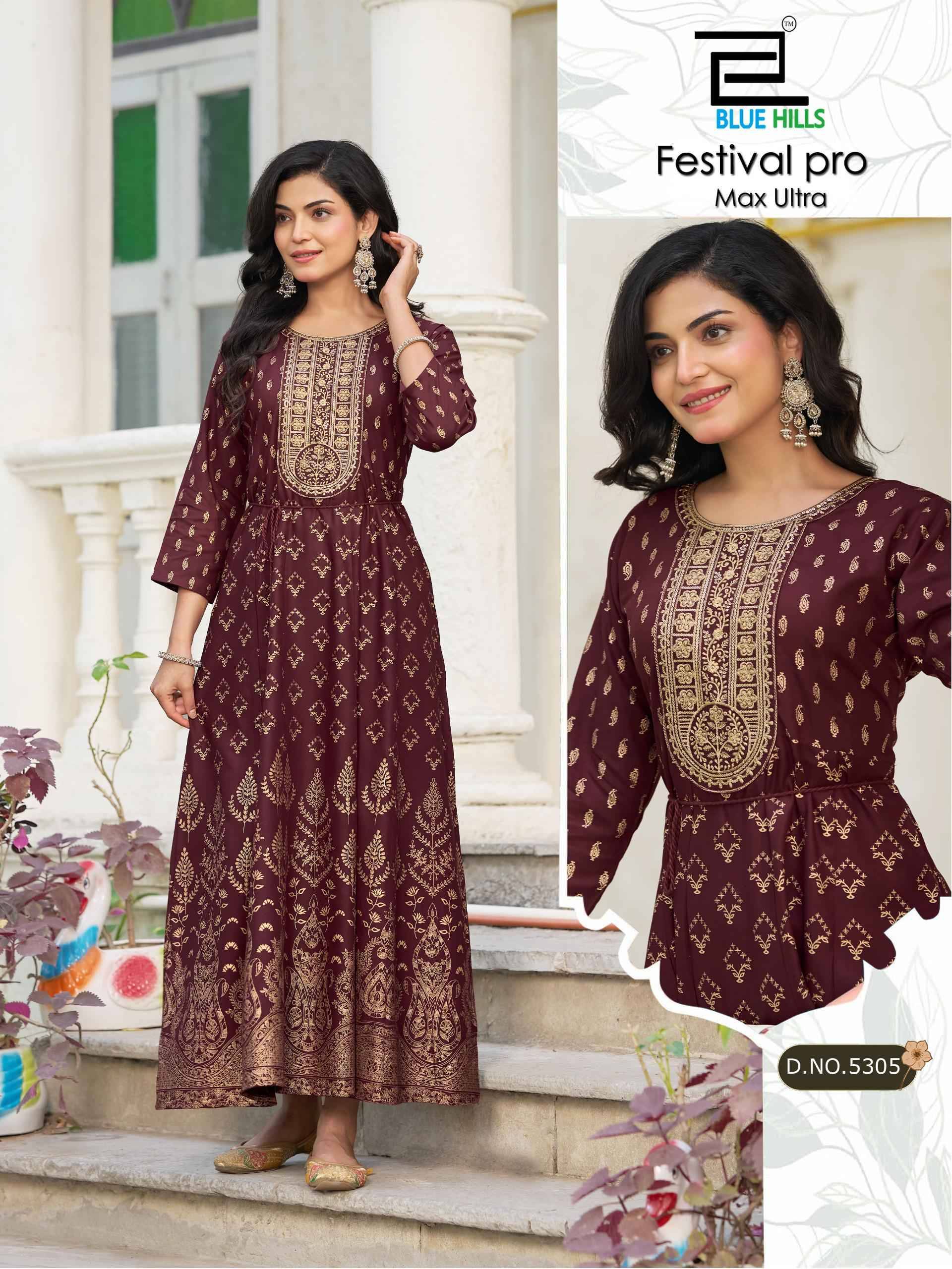 Festival Pro max ultra By BLUE HULLS 5303 To 5308 Series Designer Stylish Fancy Colorful Beautiful Party Wear & Ethnic Wear Collection Rayon 14kg Gown At Wholesale Price